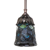 Close-up of Tiffany Peacock Feather Mini Pendant intricate glass design.