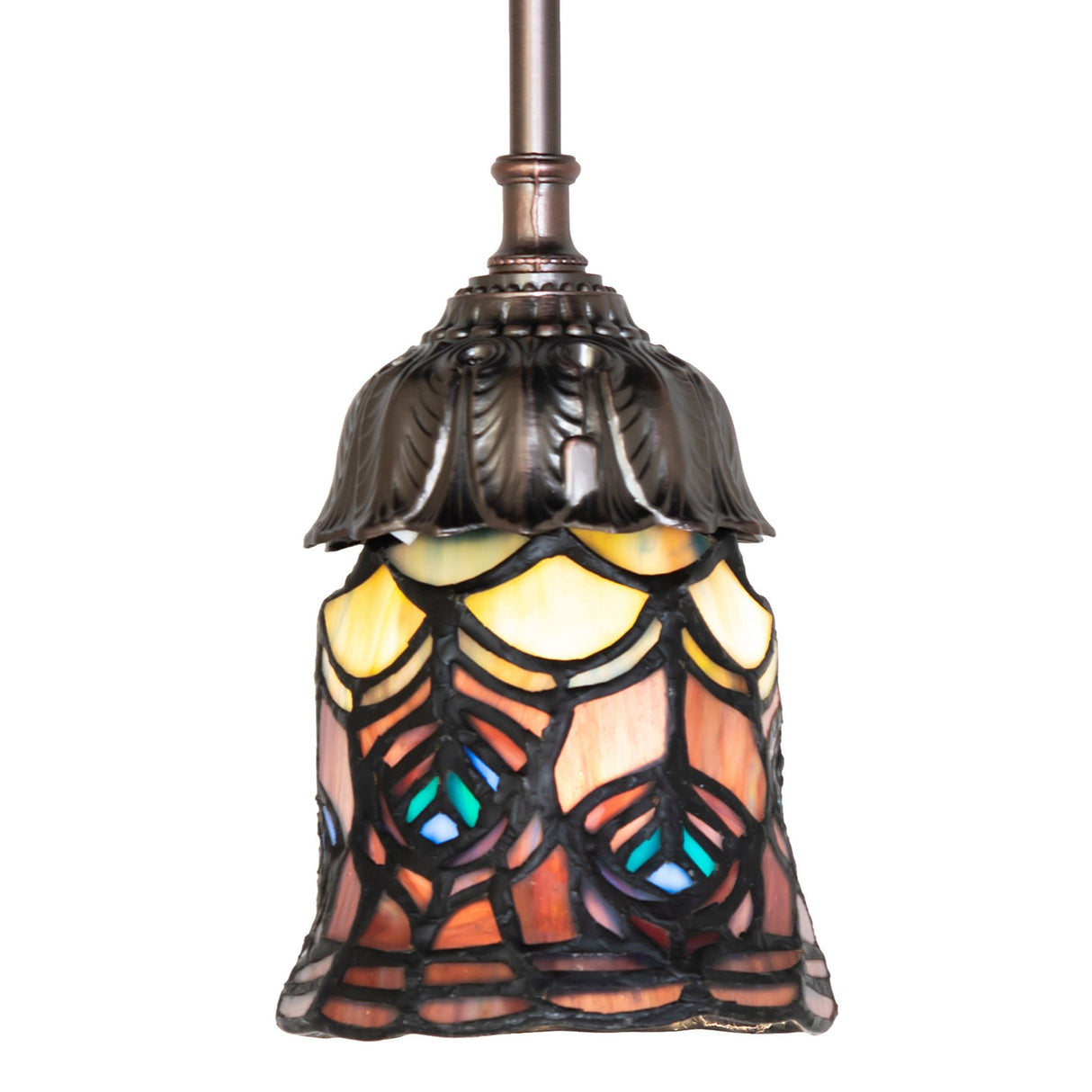 Tiffany Peacock Feather Mini Pendant with a unique handcrafted stained glass shade.