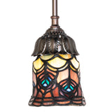 Tiffany Peacock Feather Mini Pendant with a unique handcrafted stained glass shade.