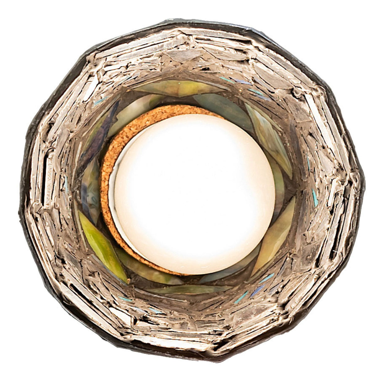 Inside view of the Tiffany-style mini pendant with exposed bulb and intricate stained glass details.