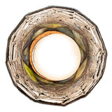 Inside view of the Tiffany-style mini pendant with exposed bulb and intricate stained glass details.