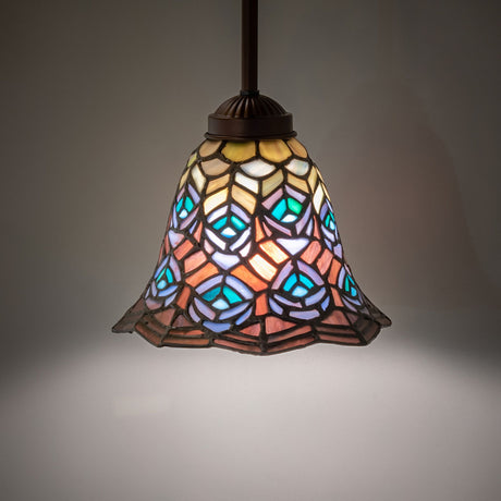 Illuminated Tiffany Mini Pendant with colorful stained glass.