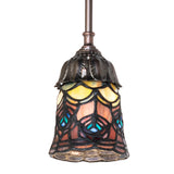 Illuminated Tiffany Peacock Feather Mini Pendant glowing beautifully.