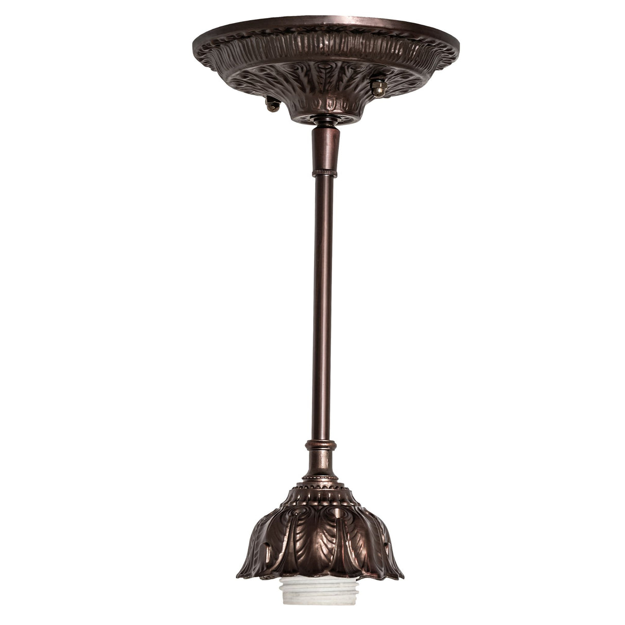 Ceiling mount fixture for Tiffany Peacock Feather Mini Pendant in bronze finish.