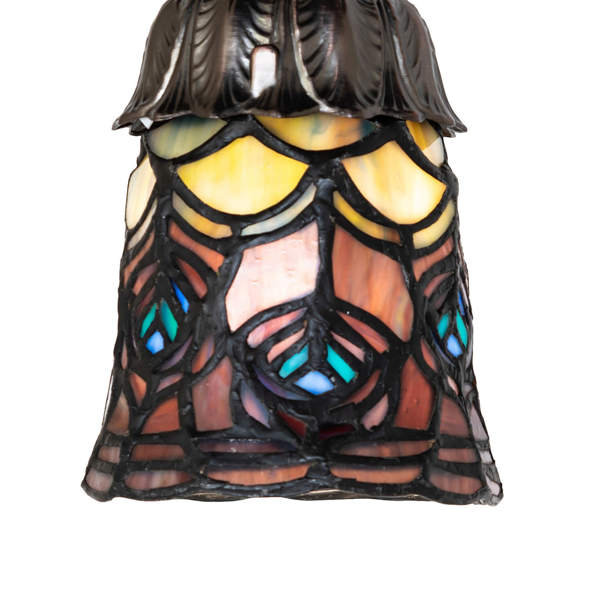 Close-up of the peacock feather stained glass pattern on pendant light.