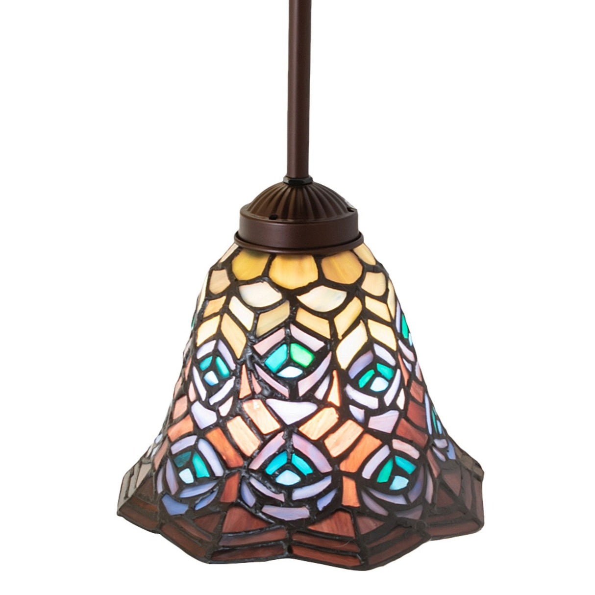 Side angle of Tiffany Mini Pendant with a peacock-inspired pattern.