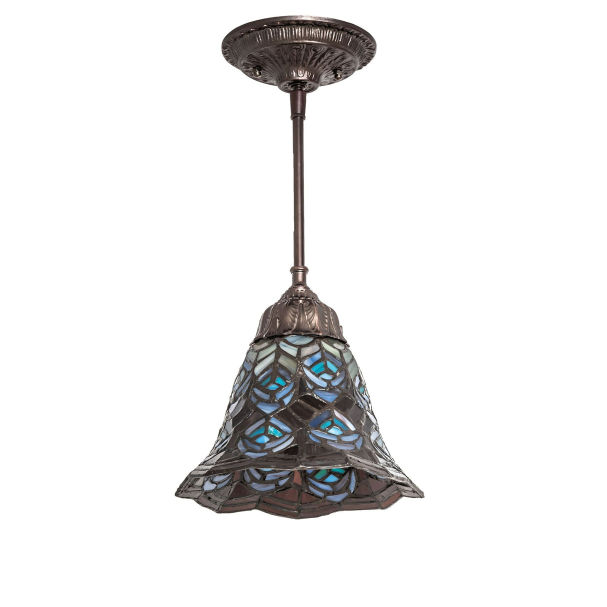 Tiffany-style peacock feather mini pendant with unlit stained glass shade.