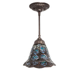 Tiffany-style peacock feather mini pendant with unlit stained glass shade.