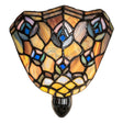 Tiffany-style peacock feather night light illuminated with warm glow.