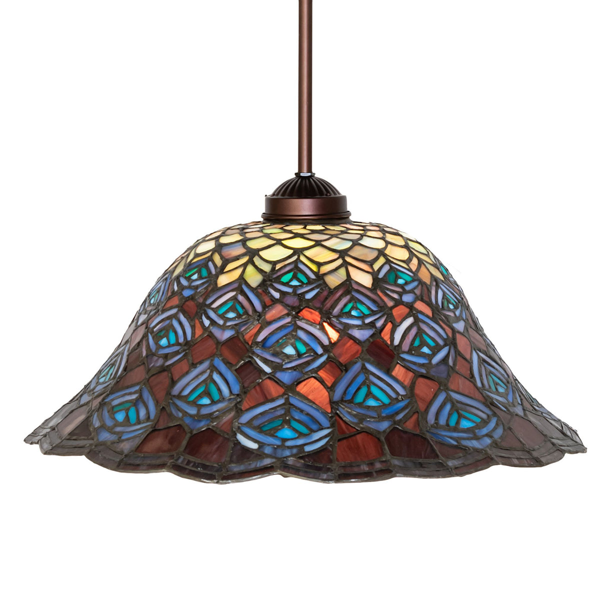 Front view of the Tiffany Peacock Feather Pendant, showcasing its scalloped edges and glass art.