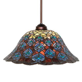 Front view of the Tiffany Peacock Feather Pendant, showcasing its scalloped edges and glass art.