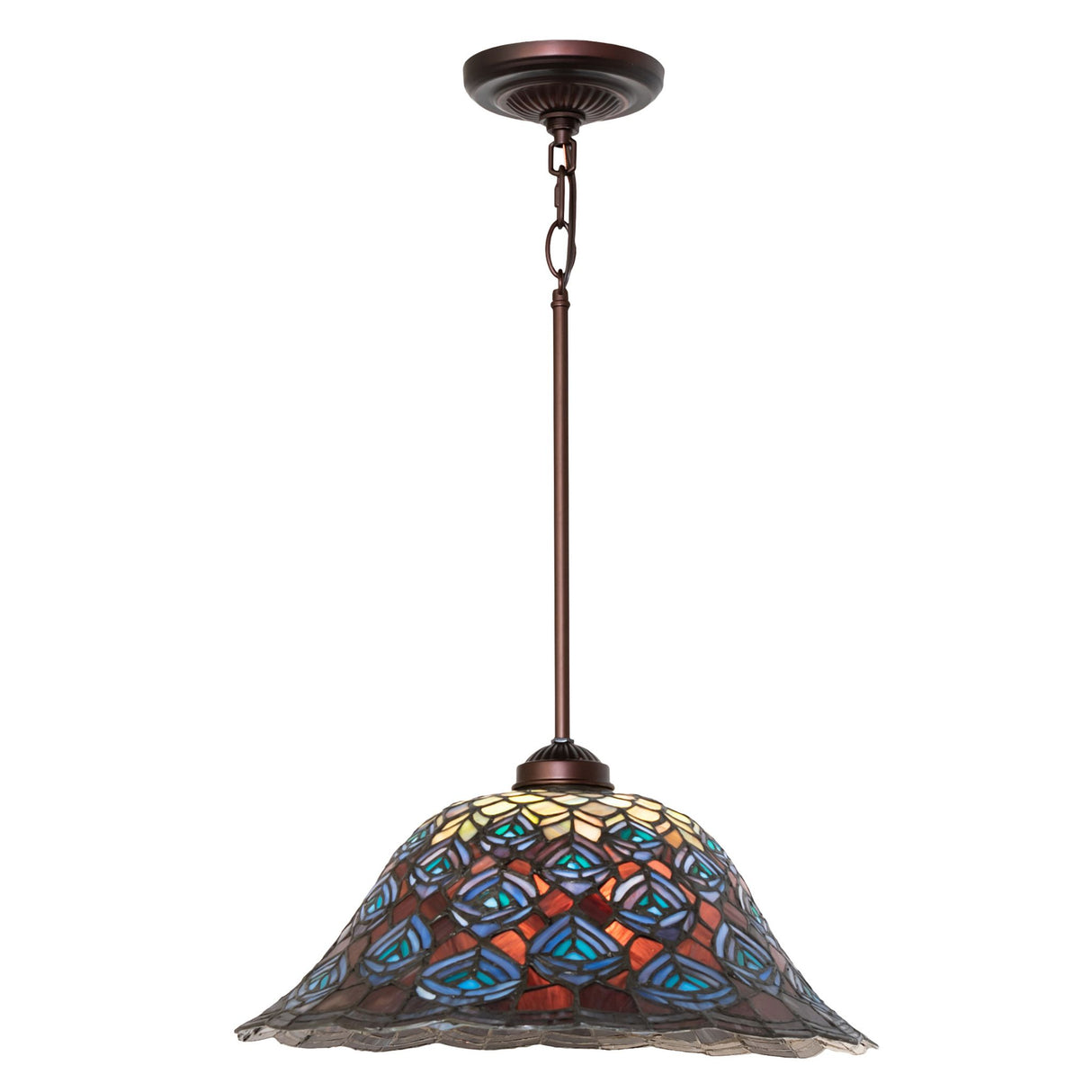 Full assembly view of the Tiffany Peacock Feather Pendant, including adjustable suspension rod.