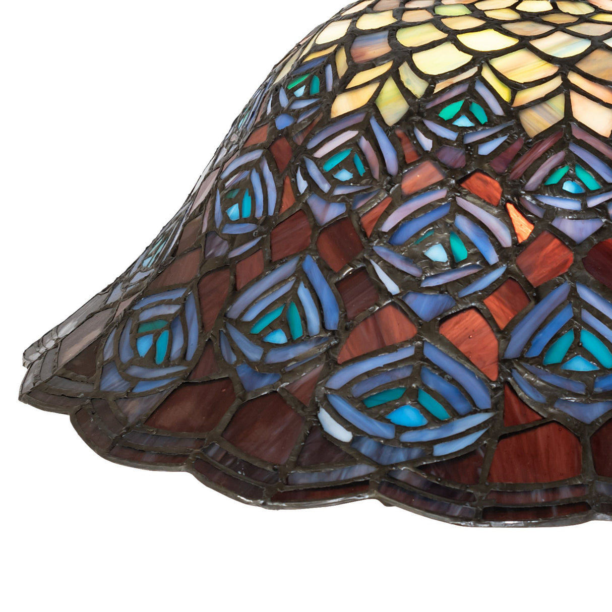 Close-up view of the stained glass on the Tiffany Peacock Feather Pendant with vibrant colors.