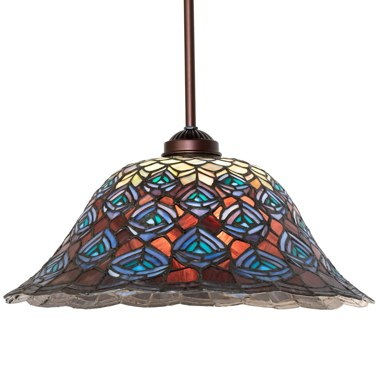 Close-up view of the Tiffany Peacock Feather Pendant, highlighting vibrant colors and detailed glasswork.