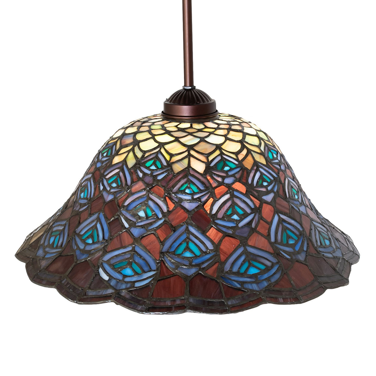 Side view of the Tiffany Peacock Feather Pendant with a clear display of its colorful design.