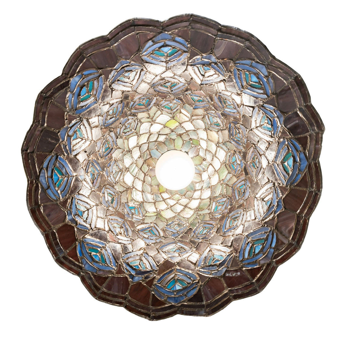 Close-up of the top fixture of the Tiffany Peacock Feather Pendant with Mahogany Bronze finish.