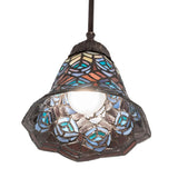 Angled view of stained glass peacock feather pendant light.