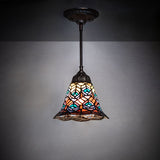 Illuminated Tiffany-style peacock feather pendant glowing warmly.