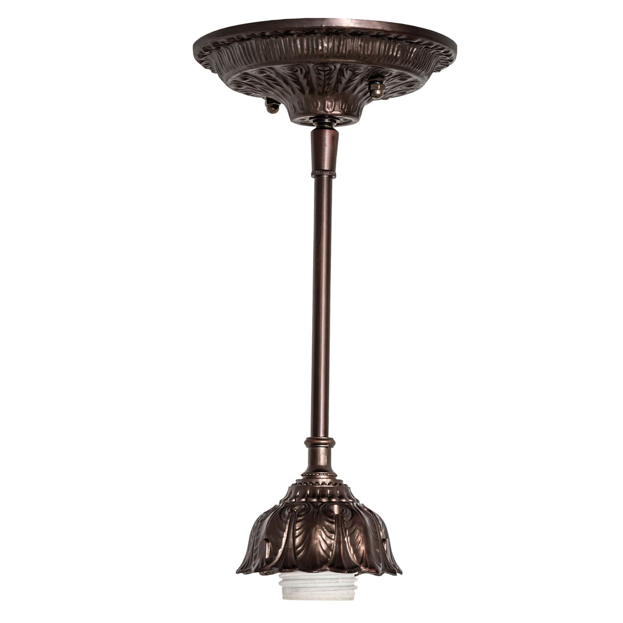 Pendant light mounted on ceiling with decorative canopy.