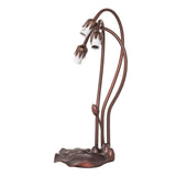 Mahogany bronze base of a Tiffany pond lily lamp with exposed sockets and decorative leaf design.