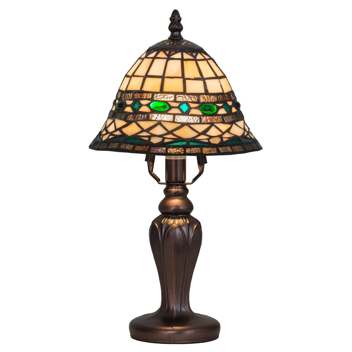 Illuminated Tiffany Roman Mini Lamp showcasing warm glass tones.