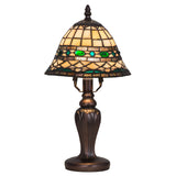 Illuminated Tiffany Roman Mini Lamp showcasing warm glass tones.