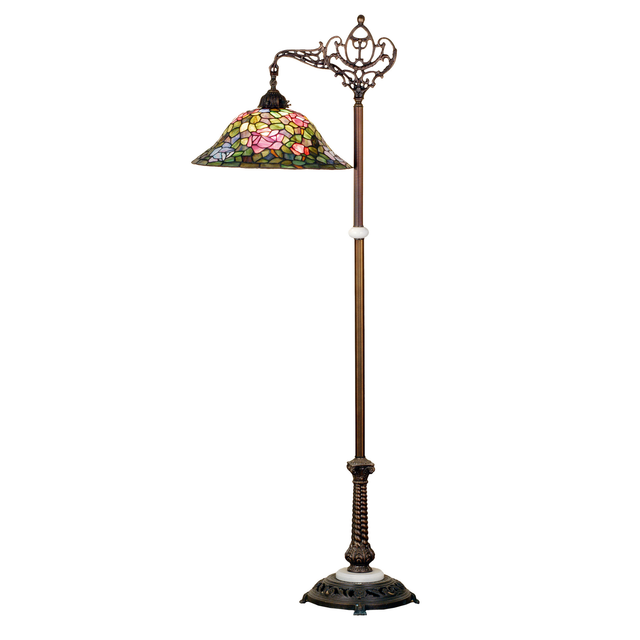 Main view of Rosebush Tiffany bridge arm floor lamp with floral stained glass shade.