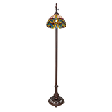 Front view of Tiffany Saturday Morning stained glass floor lamp.