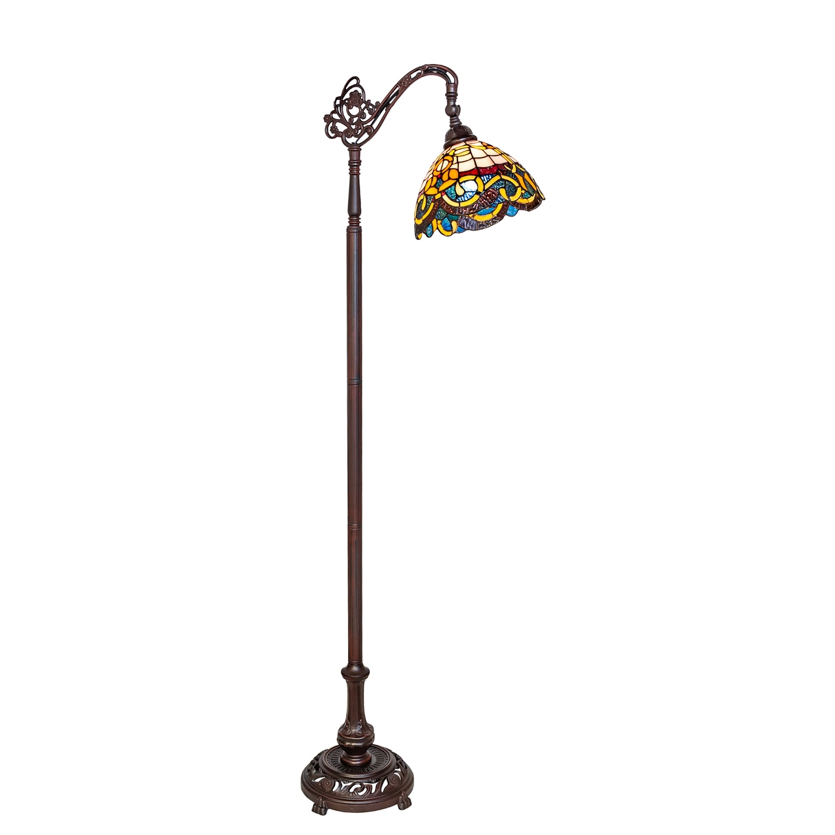 Lit view highlighting colorful Tiffany stained glass shade details.