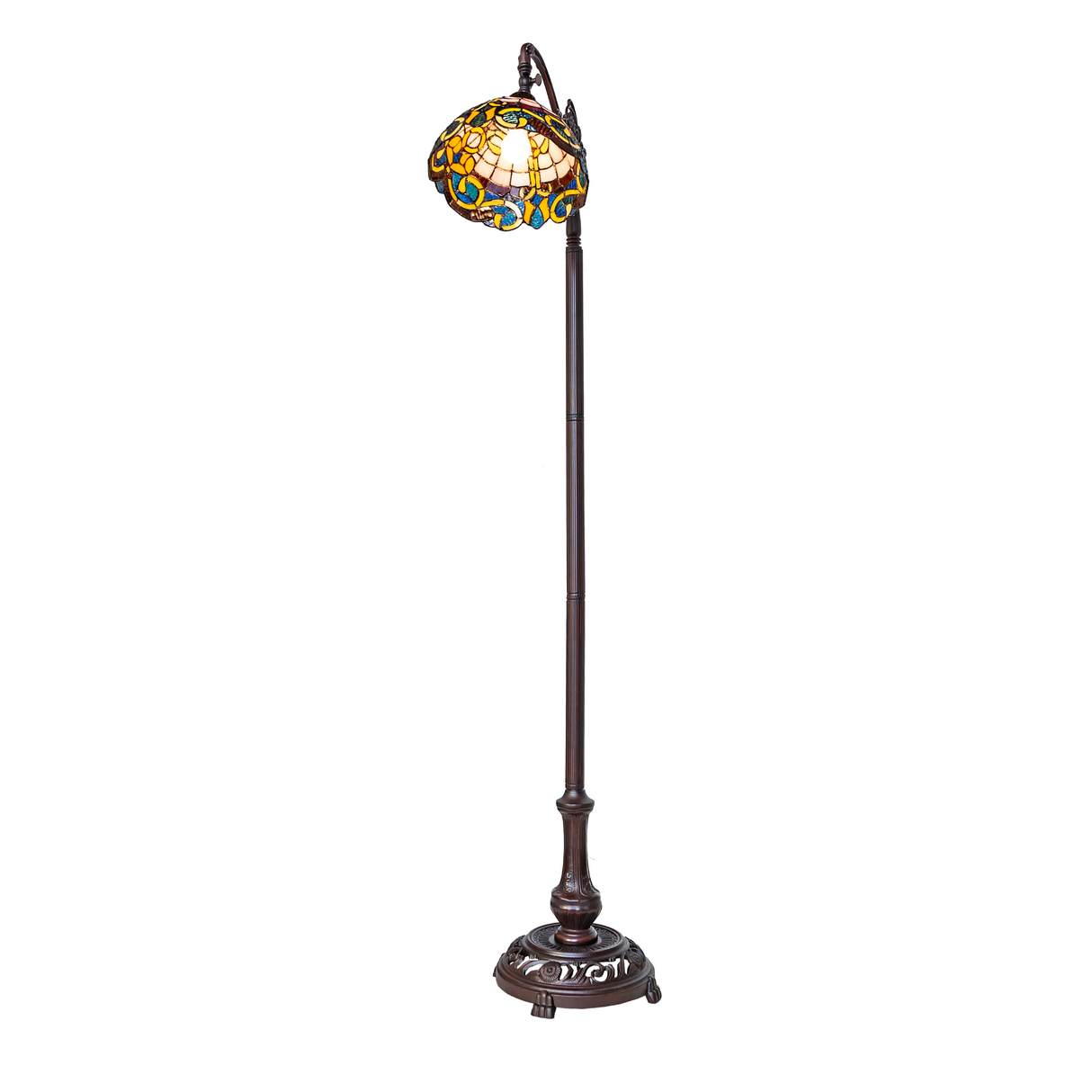 Tiffany Saturday Morning bridge arm floor lamp in antique brass finish.
