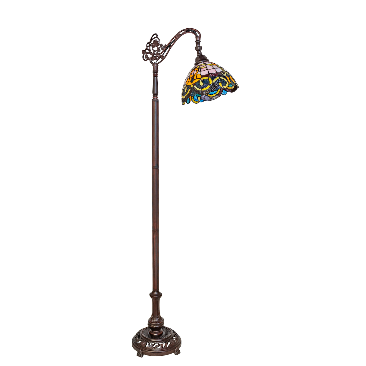 Unlit view of Tiffany Saturday Morning bridge arm floor lamp.
