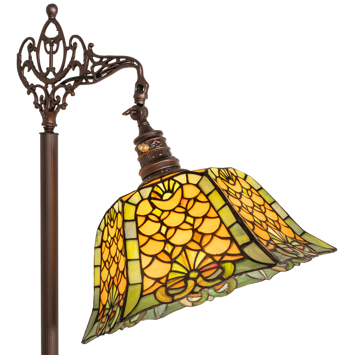 Close-up of illuminated Shell & Diamond stained glass shade.