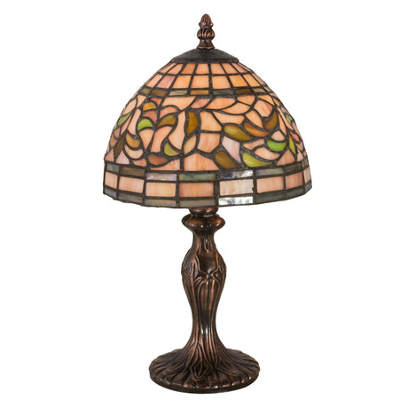 Front view of tiffany turning leaf mini lamp with autumn-inspired stained glass design.