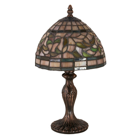 Unlit view of tiffany turning leaf mini lamp with intricate stained glass details.