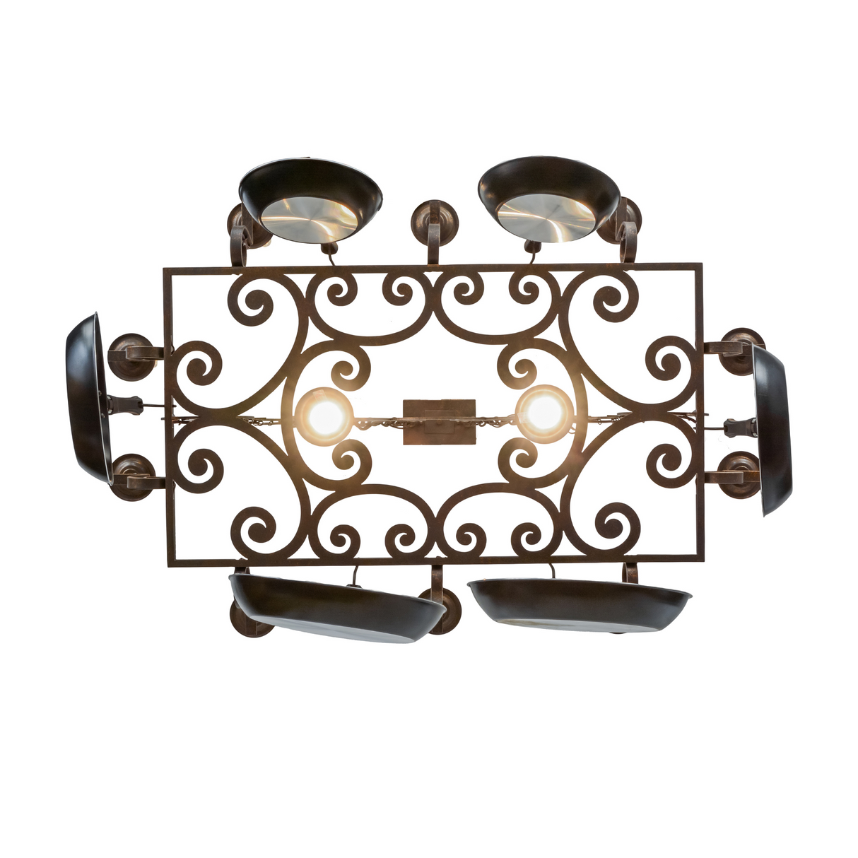 Bottom view showing two downlights and wrought iron scrollwork.