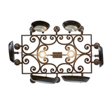 Bottom view showing two downlights and wrought iron scrollwork.