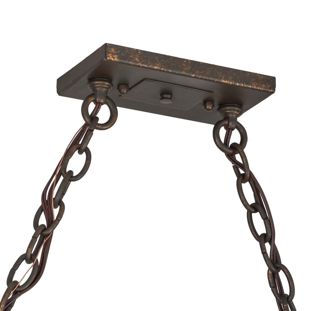 Ceiling plate and chain detail in rustic finish.