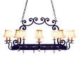Front view of Tourelle 10 Light Pot Rack with cream fabric shades.