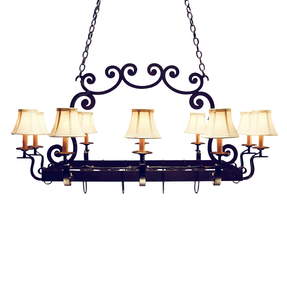 Front view of Tourelle 10 Light Pot Rack with cream fabric shades.