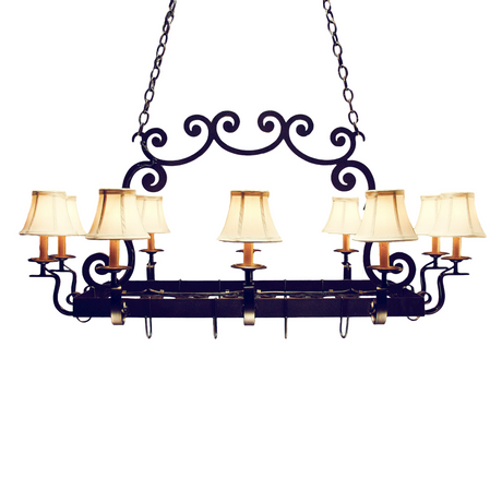 Front view of Tourelle 10 Light Pot Rack with cream fabric shades.