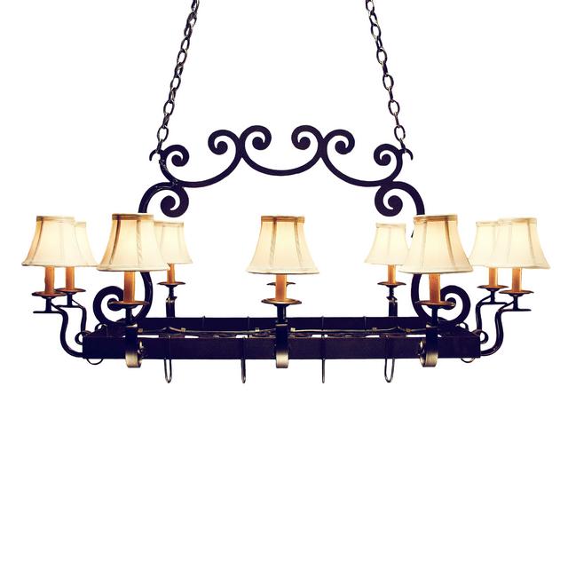 Front view of Tourelle 10 Light Pot Rack with cream fabric shades.
