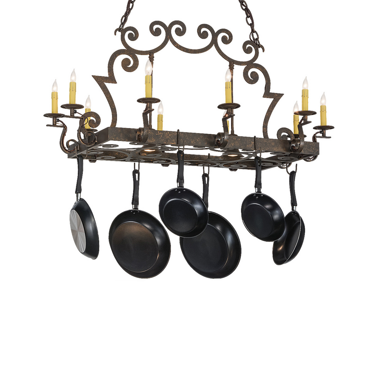 Elegant 48-inch Tourelle pot rack chandelier lit, angle view.