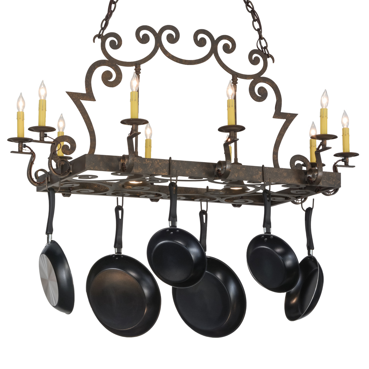 Full chandelier view lit, with pans hanging in display.