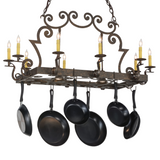 Full chandelier view lit, with pans hanging in display.