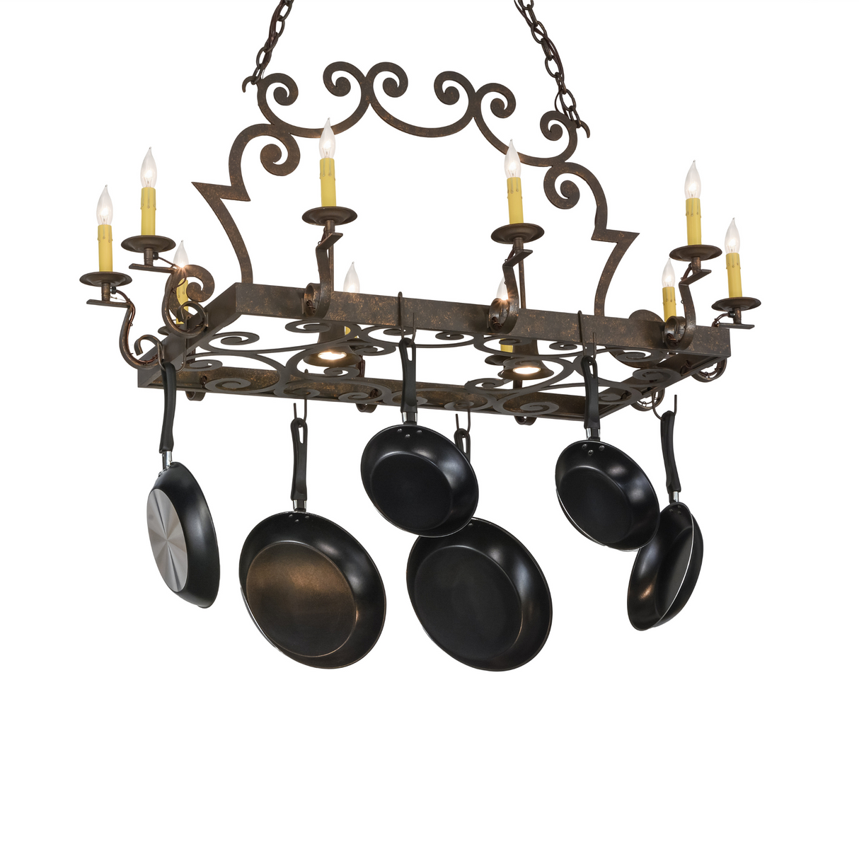 Side angle showing lit candlelights and downlights.