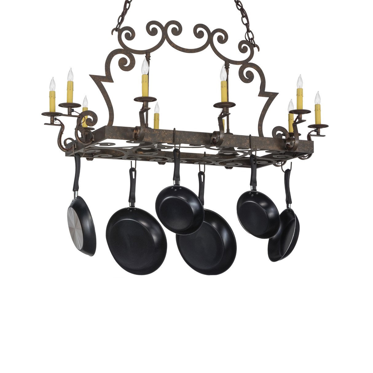 Side view of gilded tobacco Tourelle pot rack with cookware.