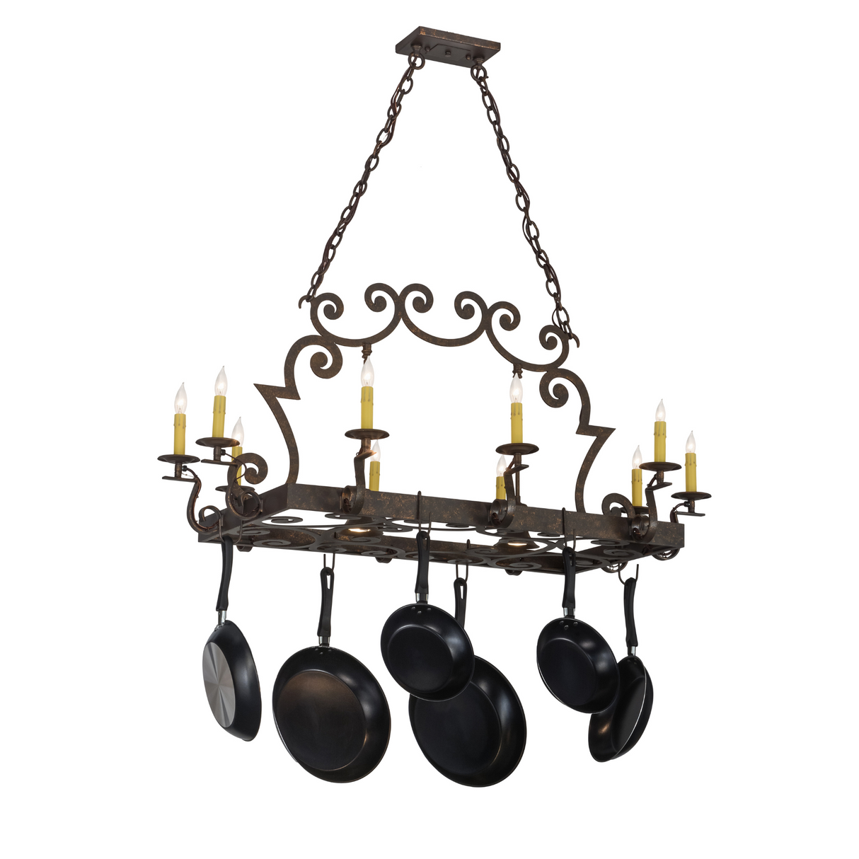 Wide full view of Tourelle chandelier with cookware hanging.