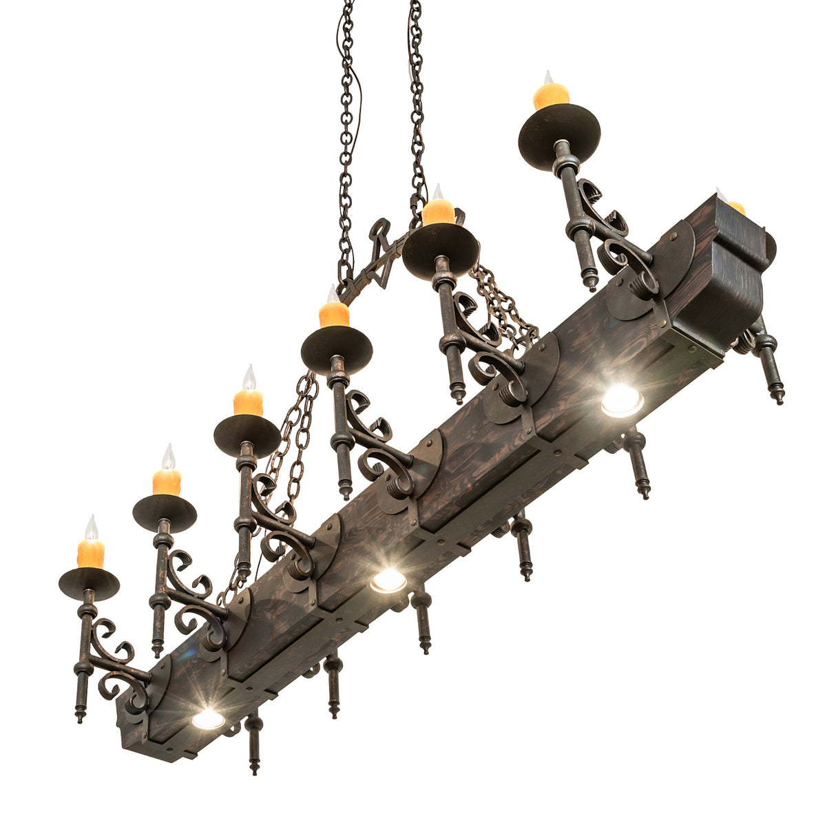 Angled view of chandelier showcasing candle arms, wood beam design, and downlights.