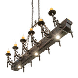 Angled view of chandelier showcasing candle arms, wood beam design, and downlights.