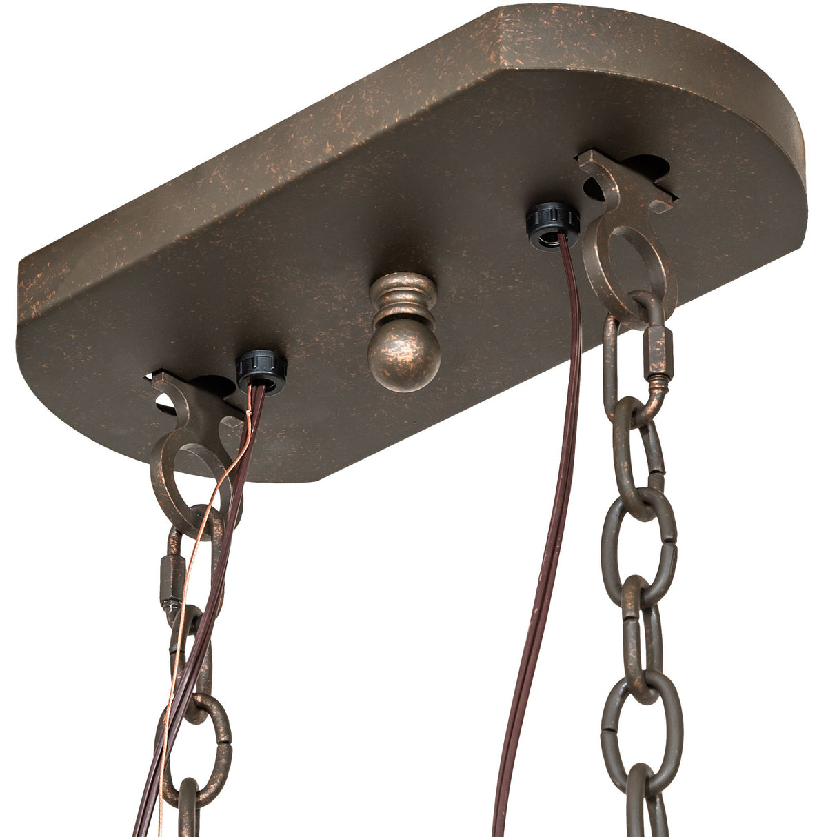 Ceiling canopy detail with coordinating finish and chain attachment points.